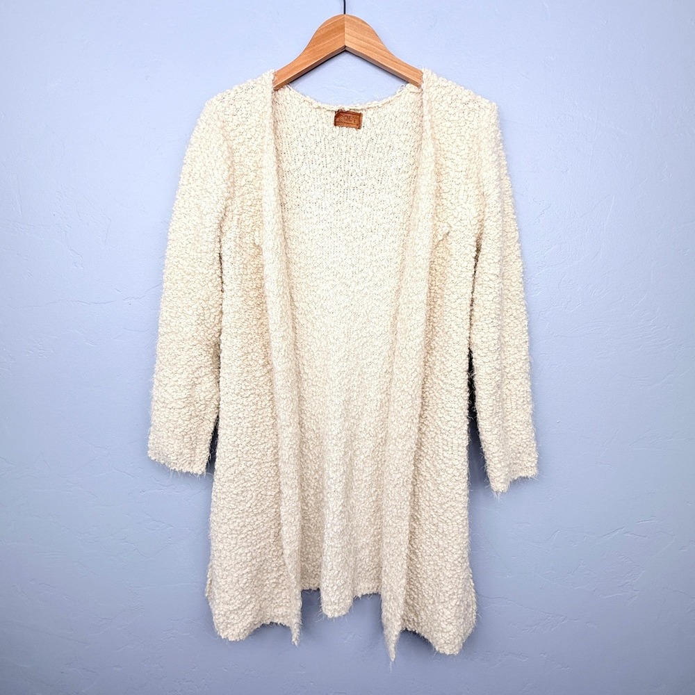 POL Cardigan Sweater Womens Large Cream Fuzzy Popcorn Knit Open Front UB37A